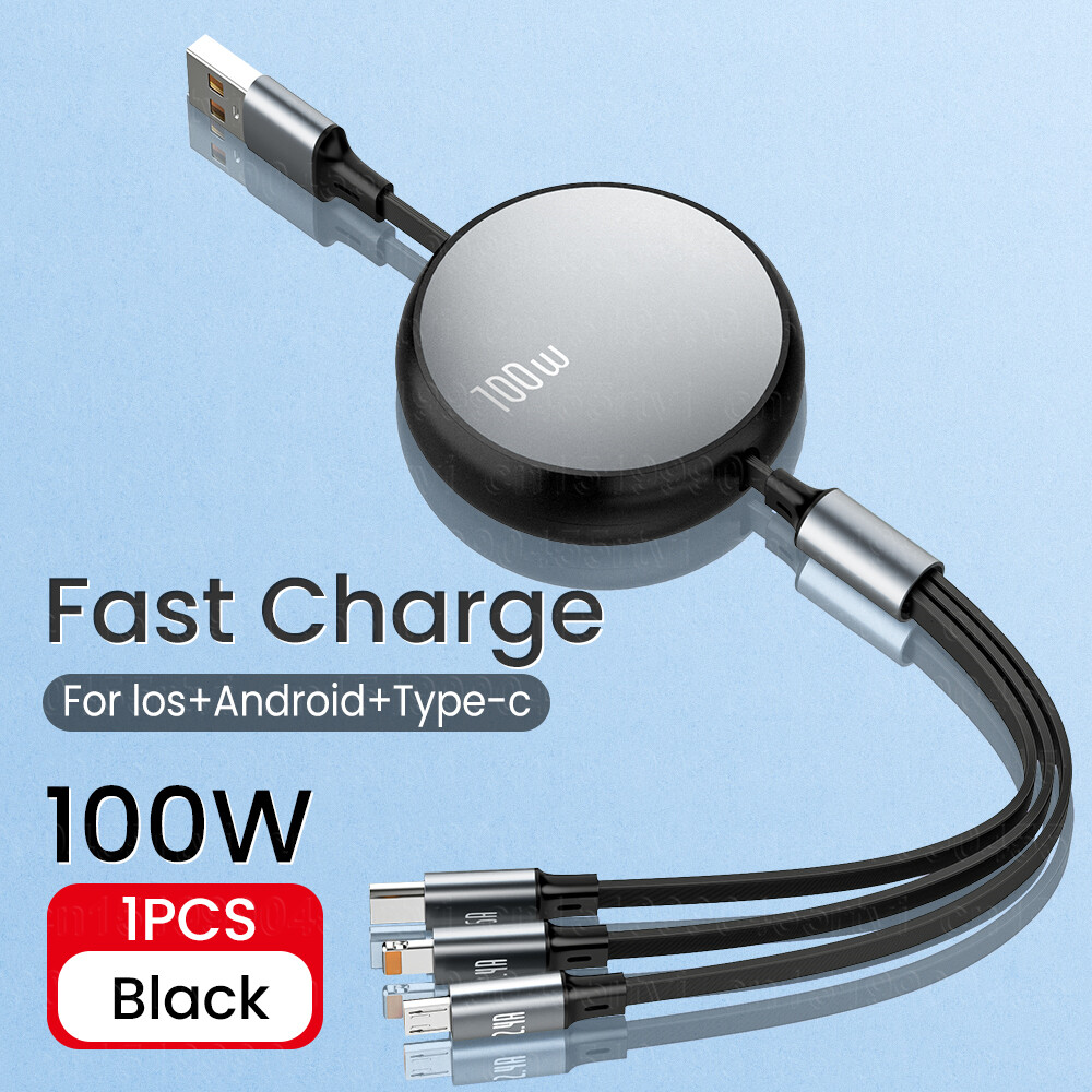 Vaorlo 3 in 1 6a usb c cable retractable fast charger wire 1.2m 100w usb type-c cable for micro android huawei line compatible with iphone 14 13 12pro max