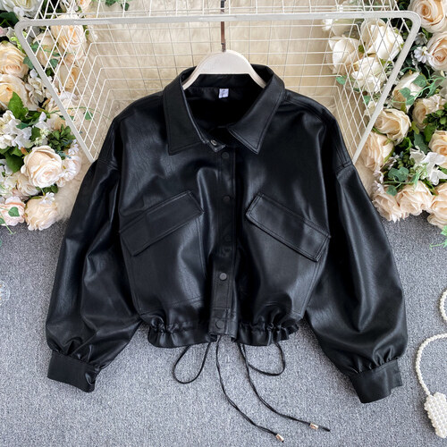 Design Sense Korean Version Retro Bf Style Loose Leather Jacket Women's Big Pocket Slim Short Motorcycle Jacket