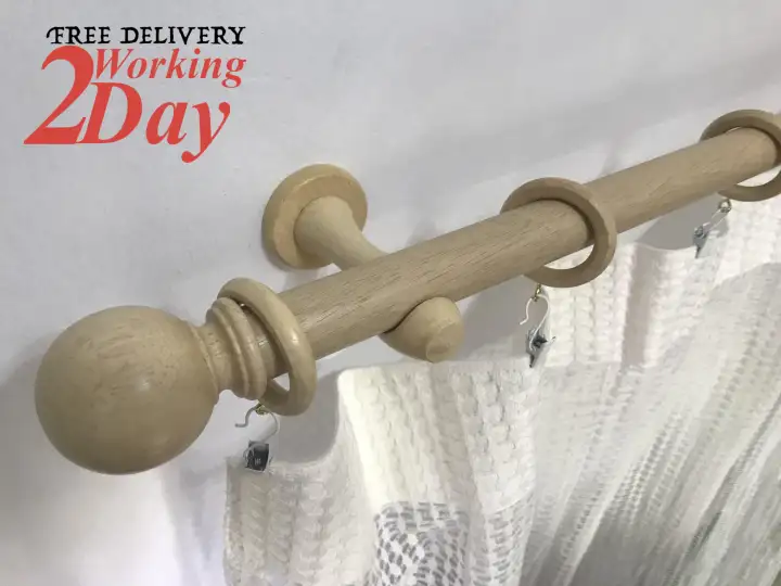 120cm 4ft Light Oak Wooden Curtain Rod Set With Round Finials