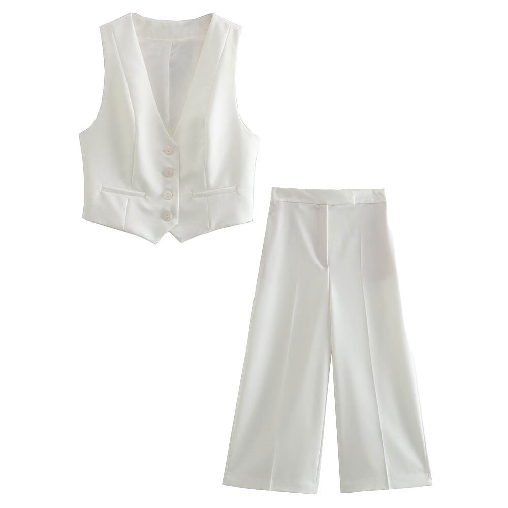 V-neck waist slimming suit+high waisted pleated wide leg pants set