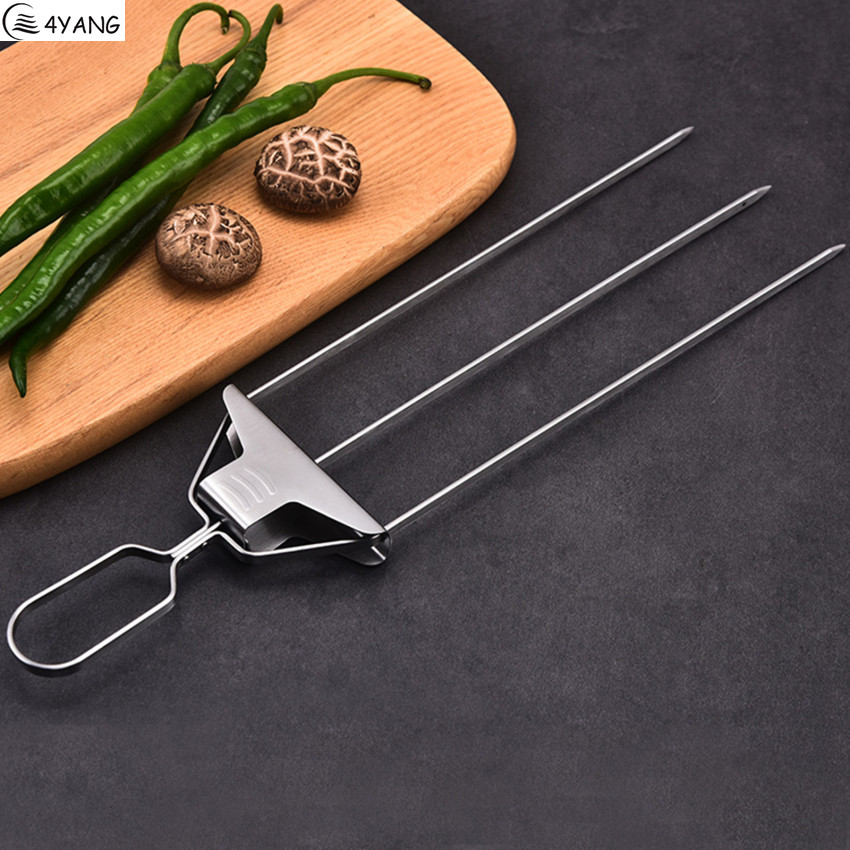 3 Way Grill Skewers-Grill Outdoors Barbecue Fork Reusable Stainless Steel Semi-Automatic Barbecue Fork Household BBQ Stick