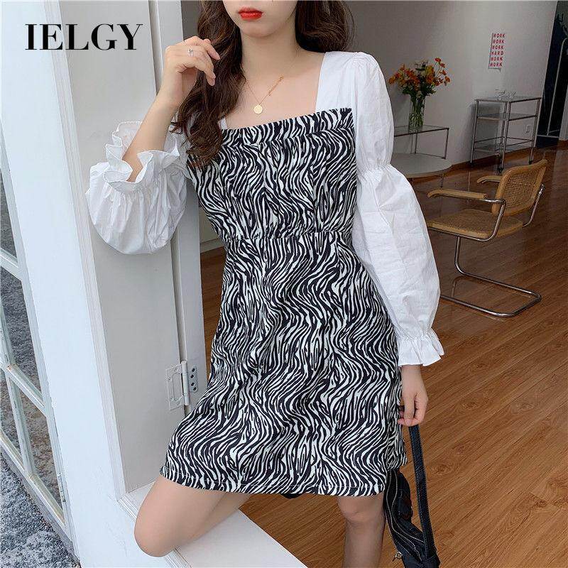 IELGY French retro long-sleeved new style light mature style fashion slim zebra pattern dress for women on sale