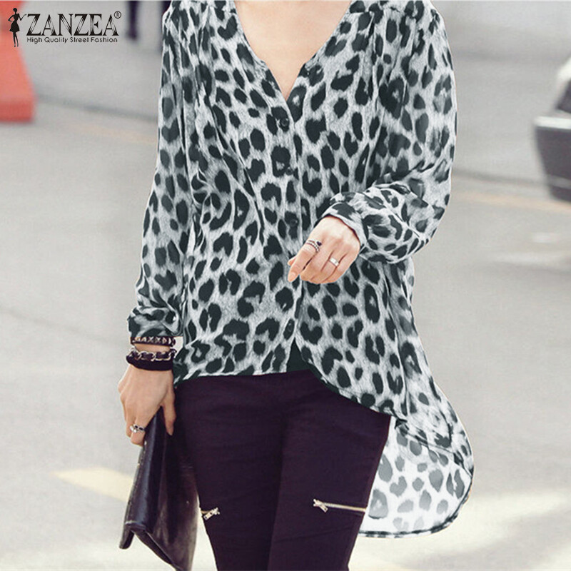 ZANZEA Womens Long Sleeve V Neck Shirts Leoaprd Printd High Low Hem Tops  Blouse | Lazada PH