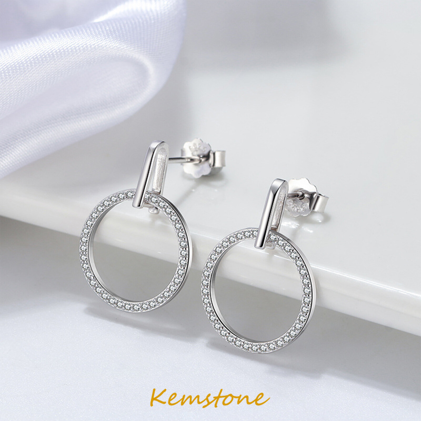 Kemstone 925 Sterling Silver Crystal Circle Hollow Out Drop Earrings Jewelry Gift for Women