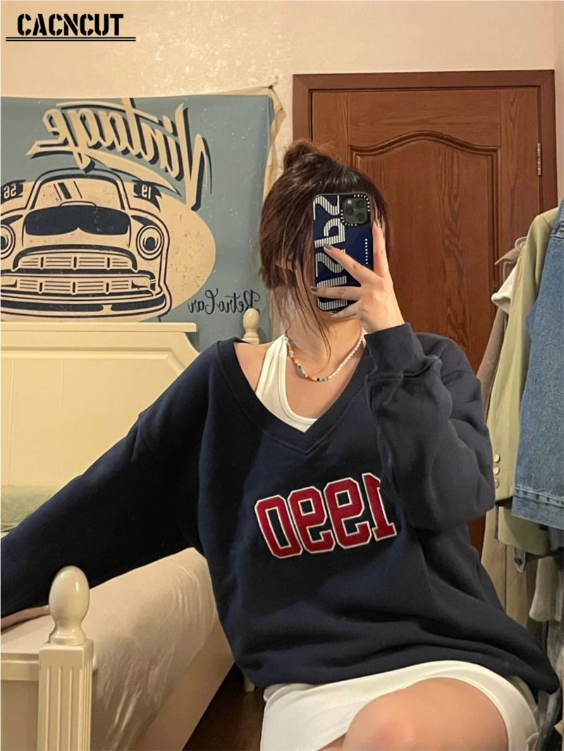 CACNCUT Korean Cotton Hoodie Women INS Loose Version V-collar Hoodie+Slim Vest Dress Women