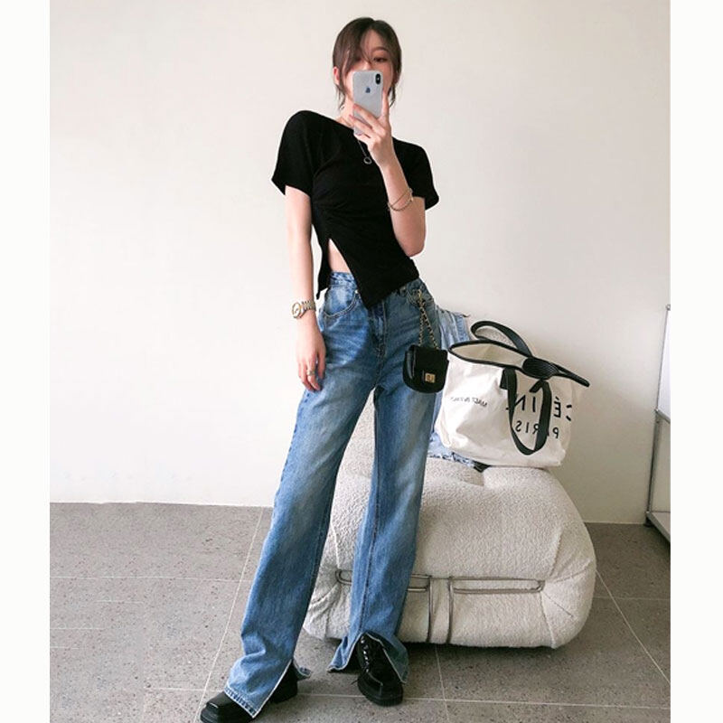 CHICCHIC Áo Thun Ren Nữ Áo thun xẻ tà