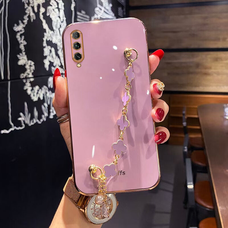 AnDyH Straight Edge Plating Phone case For Huawei Y9S casing,Precise Camera Protection cases Cute girl style cover with Four leaf clover bracelet