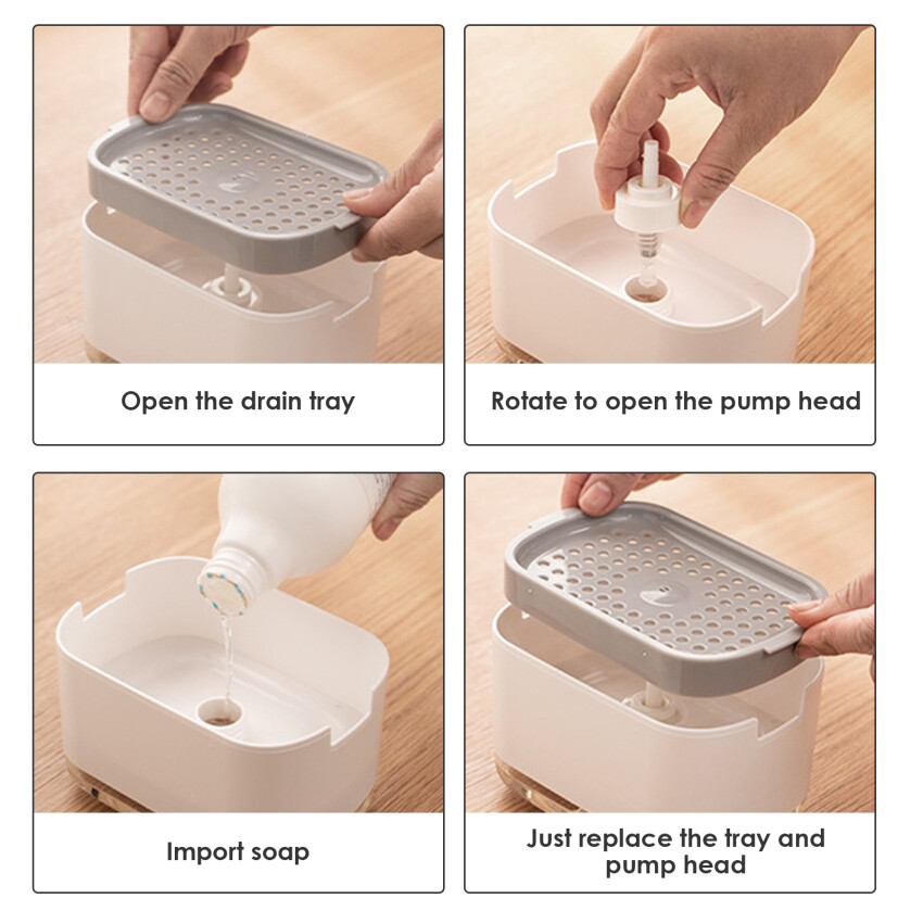 Manual Press Dishwashing Container Double Layer Cleaning Liquid Box Soap Pump Dispenser Detergent Dispenser Foam Bottle W/ Sponge