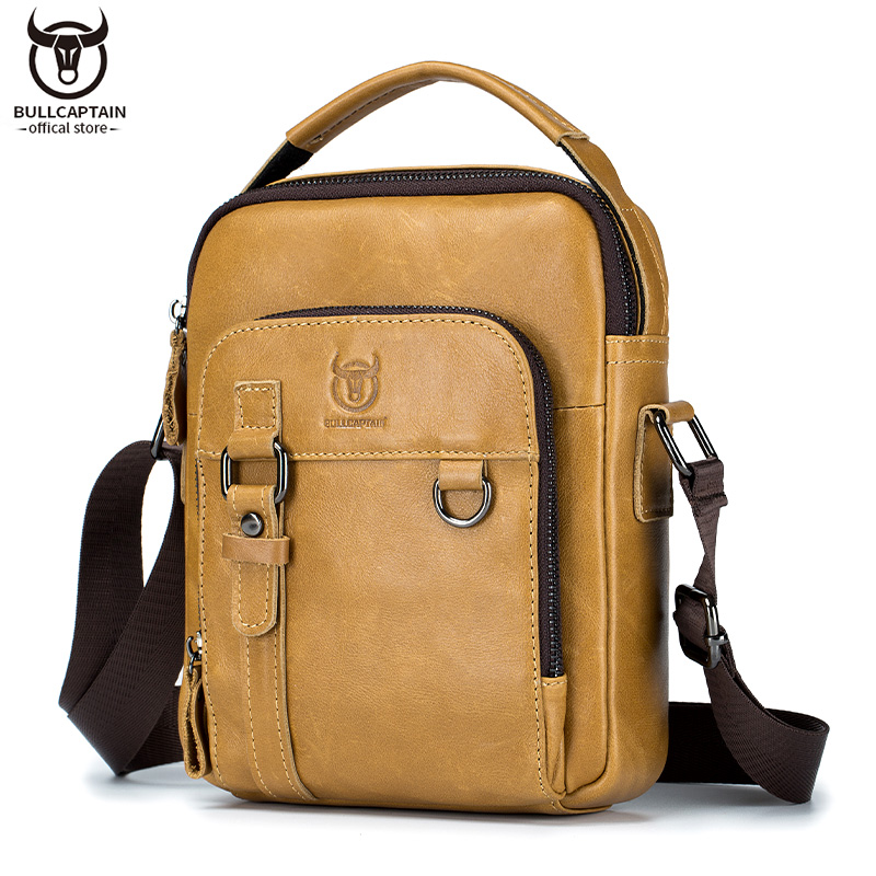 BULLCAPTAIN Leather Shoulder Messenger Bag Men's Classic Retro Multifunctional Double-Layer Storage Hanging Keychain Handbag