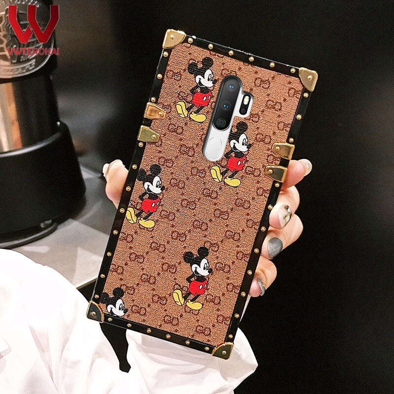 Fashion Leather Square Mickey Case For OPPO A15S A53 A54 A31/A9/A5 2020/A3S/A5S/A7/A91/A12 A52/A92/A11K/A16K A16E A17 A77S A58 A78 A1 Pro A57 A96 A76 A74 A95 Reno 6 Plating Border Soft Silicone Anti-fall Back Case Cove