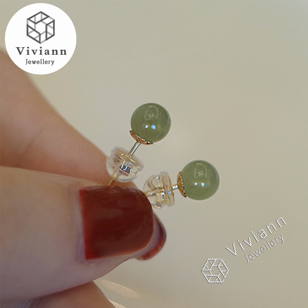 Viviann Original New Hetian Jade Stud Earrings 925 Silver Needle New Korean Arrival Metal Trendy Fresh Lovely Sweet Stud Earrings For Women Fashion Jewelry