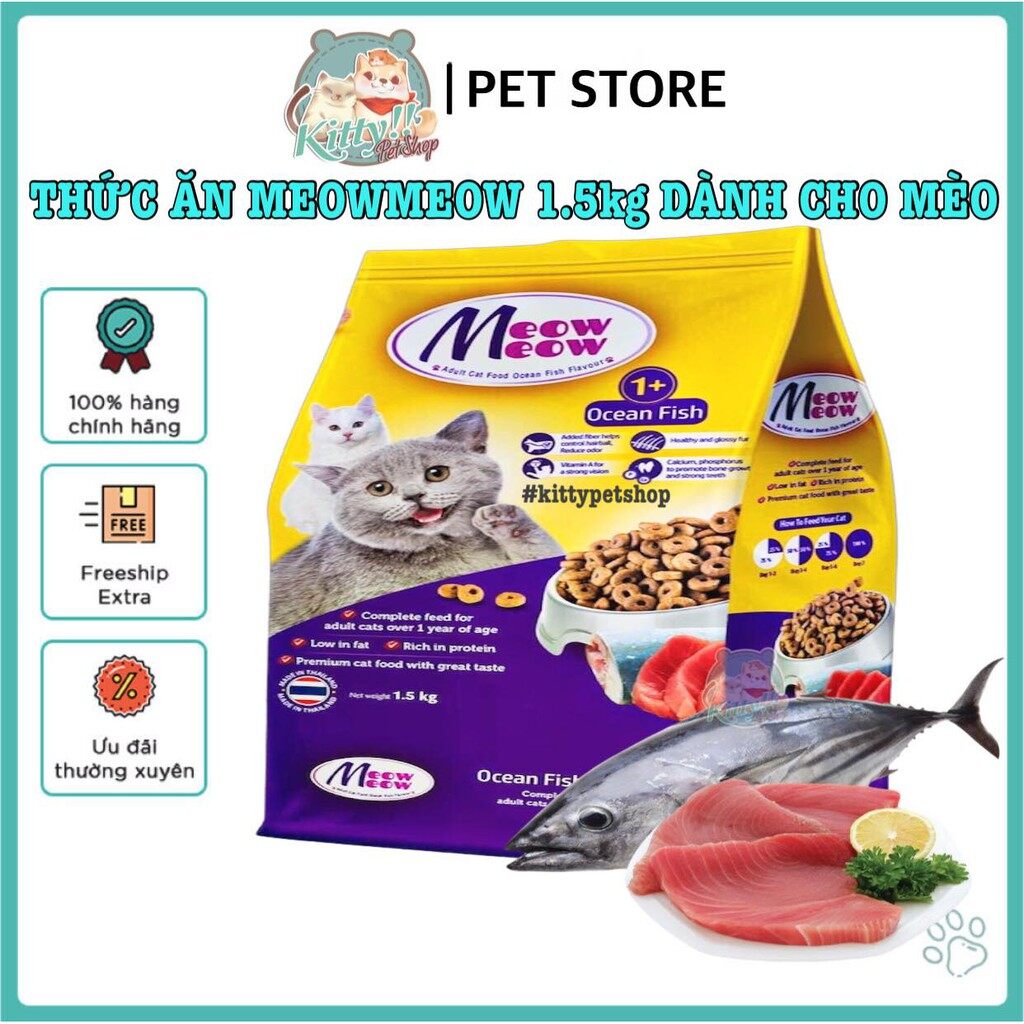 1.5kg - Thức ăn hạt Meow Meow dành cho mèo trưởng thành, thức ăn hạt bổ dưỡng, thơm ngon cho mèo adult - Kitty Pet