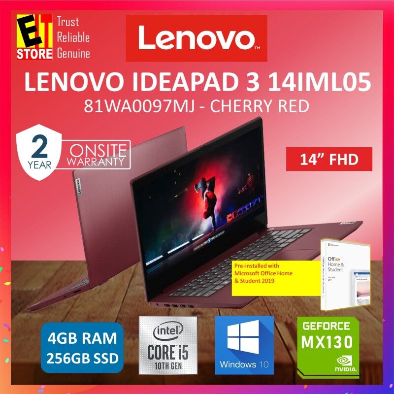 LENOVO IDEAPAD 3 IP3-14IML05 81WA0097MJ - CHERRY RED(I5-10210U/4GB/256GB SSD/MX130 2G/14FHD/W10/2YR/MS.OFFICE HOME N STUDENT) Malaysia
