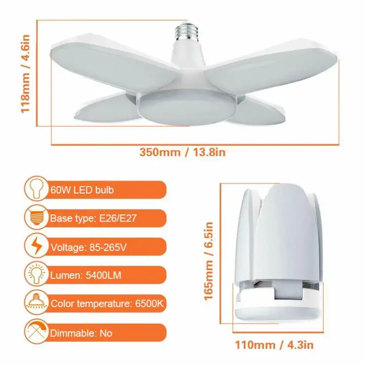 60w 246 Led Foldable Garage Light Ceiling 3 Fan Leaves Bulb