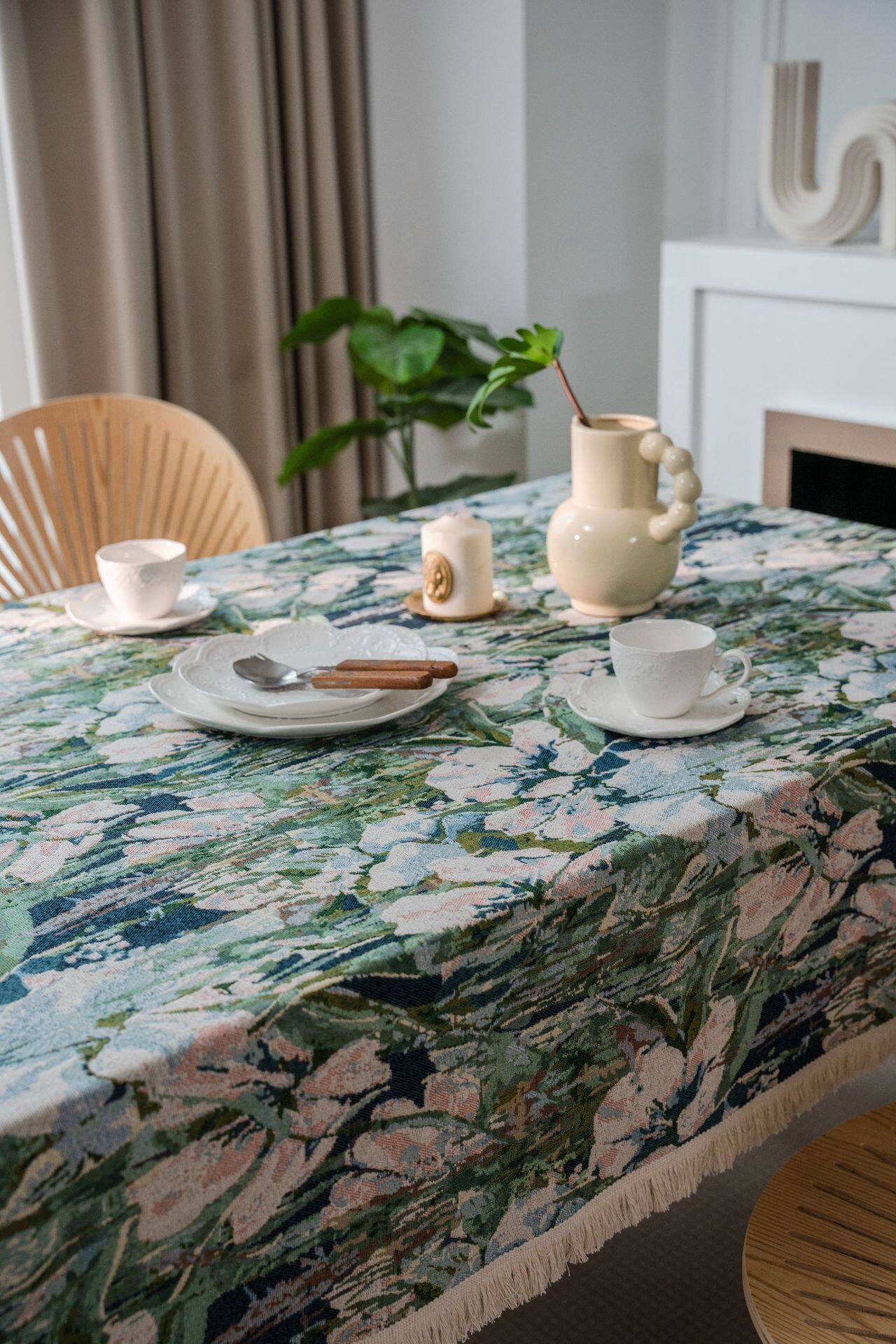Bohemian Table Cloth Tea Table Decoration Flower/Butterfly Blue Jacquard Dining Tablecloth Rectangle Thick Table Cover For Kitchen Dining Room Party New Year Christmas Holidays Picnic Decoration