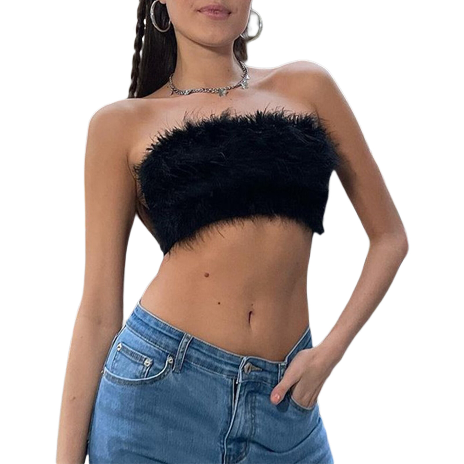 2022 Fashionoomph Women Fuzzy Fur Bandeau Crop Top Streetwear Off Shoulder Solid Back Zipper Plush Tube Tops for Party Nightclub