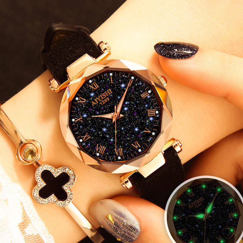 Tik Tok Korean Version of The Starry Sky Ladies Waterproof Watch Cute Simple and Elegant Student Girl Clock Roman Scale Luminous Electronic Watch