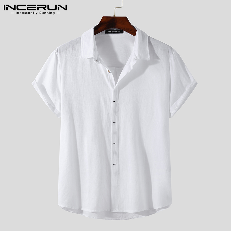 Beehoo INCERUN INCERUN Mens Cotton Short Sleeve Solid Shirts Fit Formal Dress Top Tee Shirt