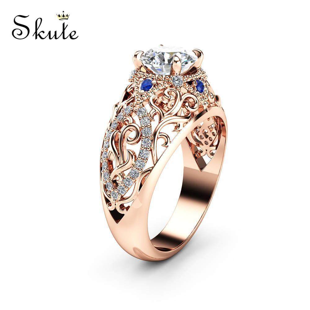 ❤SKute เจ้าหญิงเครื่องประดับเพชรคริสตัลสีฟ้าแหวน 14 K ทองคำสีกุหลาบลายดอกไม้ลายดอกไม้สไตล์สไตล์หรูแหวนหมั้น