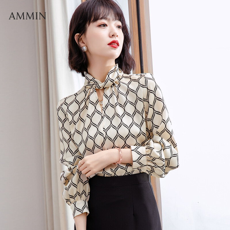 Ammin Tops Womens Korean Version Of French Retro Pleated Stand Collar