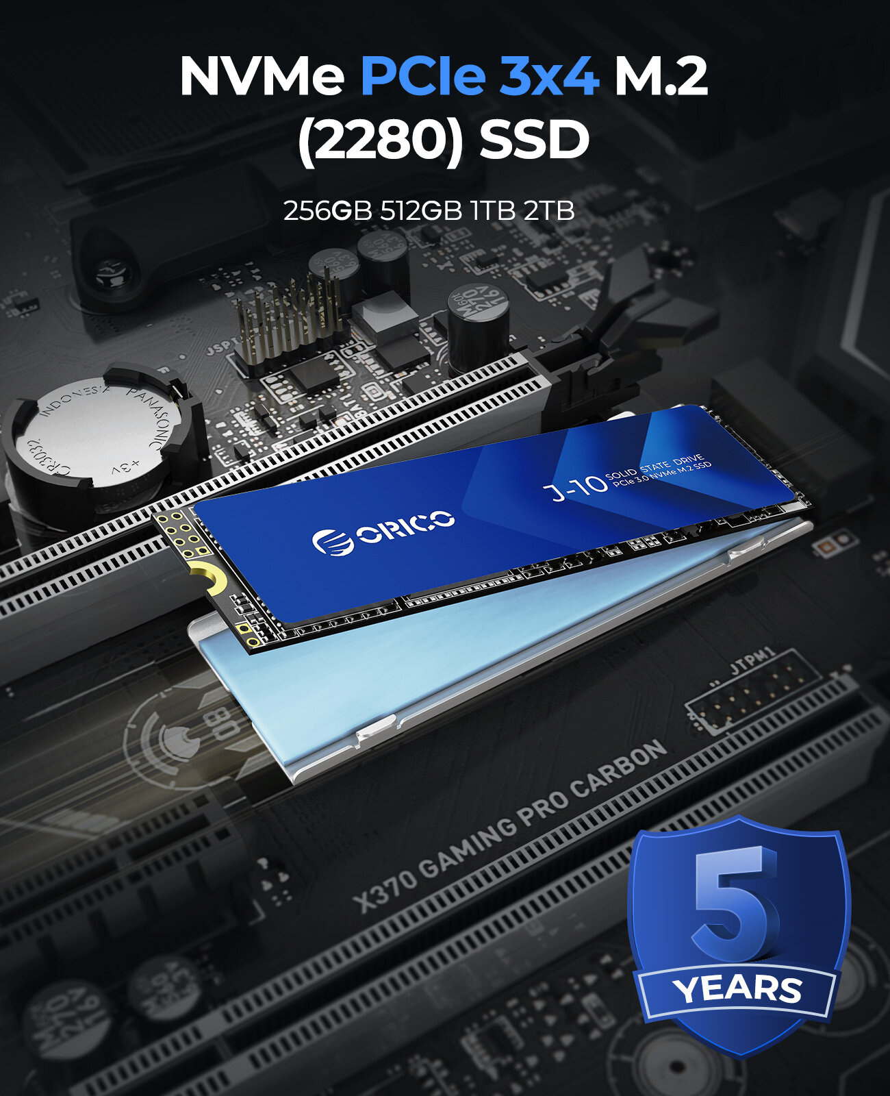 ORICO PCIe3.0 Gen3x4 M.2 NVMe SSD with Heatsink Up to 3100MB/s 512GB/1TB/2TB 2280 Internal Solid State Drive SLC for Laptop PC Desktops -J10