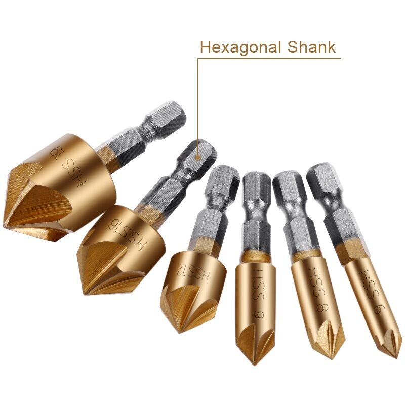 3/6Pcs Countersink Drill Bit Set 1/4'' Hex Shank HSS 5 Flute Countersink 90 Degree Wood Chamfering Cutter Chamfer 6mm-19mm
