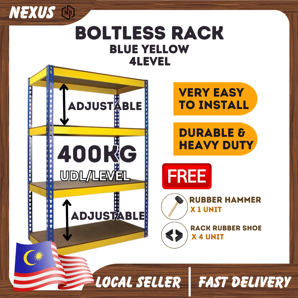 NEXUS [Blue Yellow] 4level Boltless Rack 1200kg Heavy Duty Shelf Rack