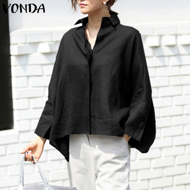 VONDA Womens Long Sleeve Casual Plain Blouse Office OL Shirt Plus Size Basic Tops Tee Plus Size (Korean Causal)