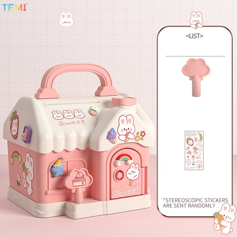 Fairy Tale Cottage Piggy Bank With Key - Pink House Money Bank For Kids Savings