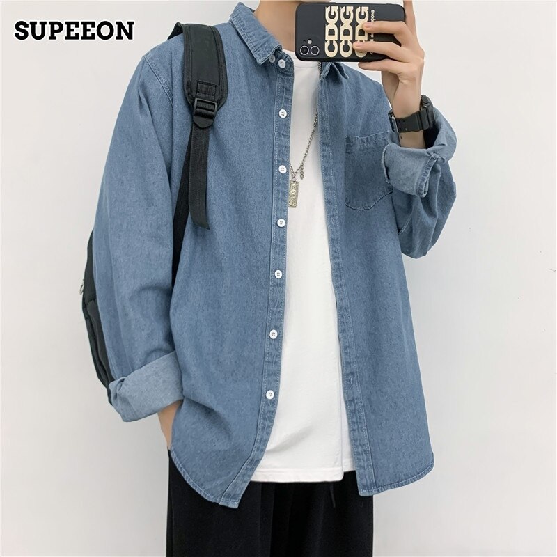 SUPEEON丨men's denim shirt Korean style loose cardigan jacket Thin Blue Long Sleeve Denim Shirt Jacket soft and comfortable
