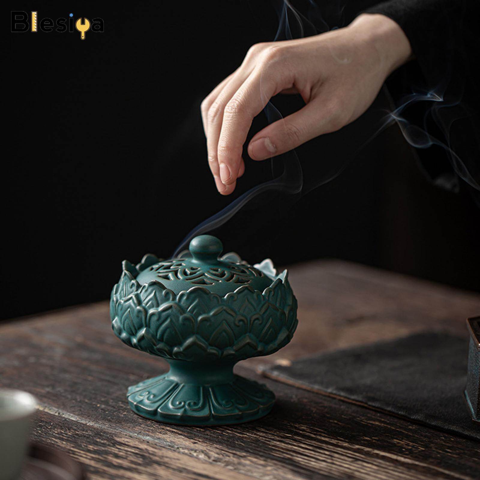 Blesiya Lotus Shape Ceramic Incense Cone Burner Holder with Lid Ornament Asian Style