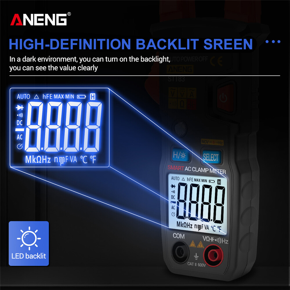 ANENG ST183 6000 Counts Digital AC Current Clamp Meter 600A Automatic Range Multimeter with Backlight Voltage Meter Clamp Gauge NCV Test Clamp Ammeter Universal Meter Tester Measuring Capacitance / AC Current / AC/DC Voltage / Resistance / Frequency
