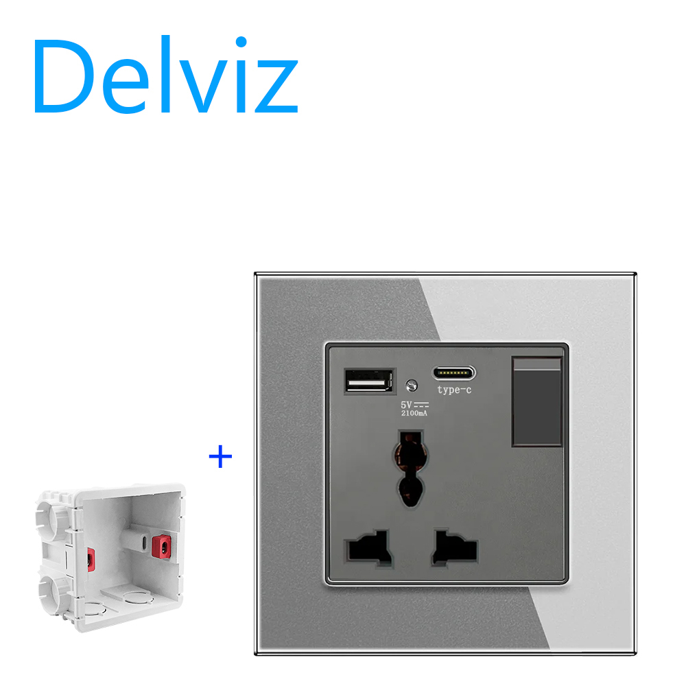 Delviz Crystal Glass Panel, 13A Electric plug Outlet, 2A USB C Port, With Switch control Type C USB Wall Universal Power Socket