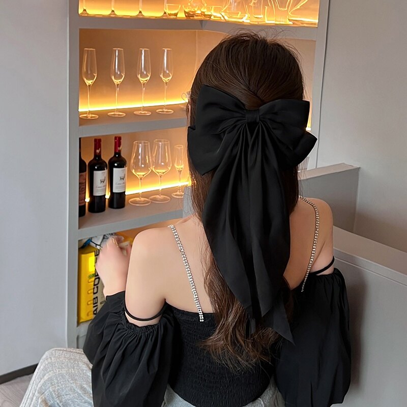 FINETOO Kẹp Tóc Lụa Màu Trơn Thanh Lịch Kẹp Tóc Nơ Dài Cho Nữ Phụ Kiện Tóc