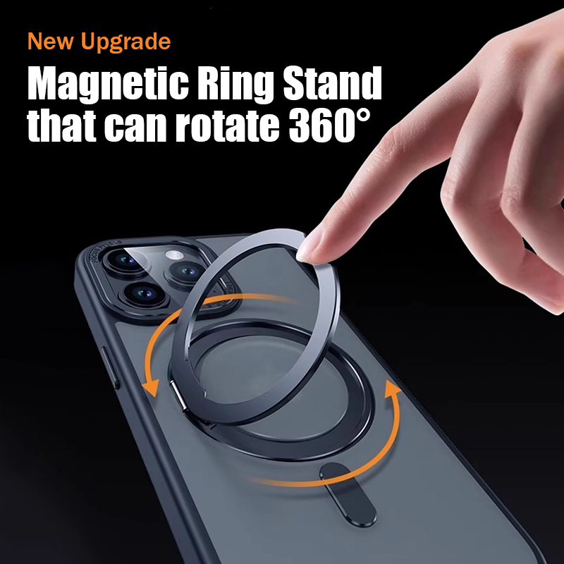 CrashStar 360° Rotatable MagSafe Ring Stand Matte Hard Shockproof Phone Case For iPhone 15 14 Pro Max Plus 13 12 11 Pro Max Wireless Charging Phone Casing Translucent Skin-friendly Phone Cover Shell