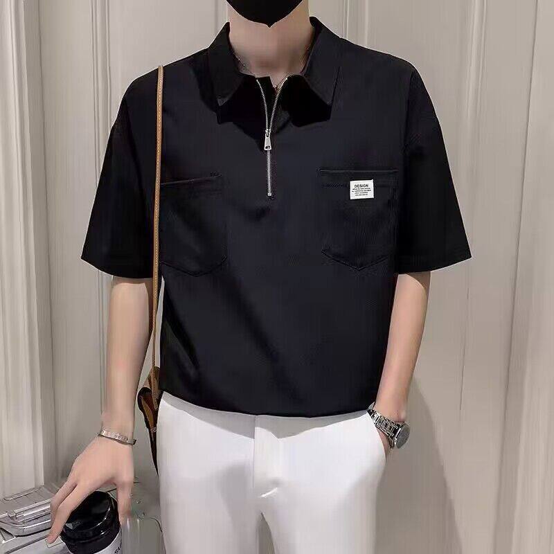 Men's Korean Minority Polo Shirt Zip Polo Neck Short Sleeve T-shirt