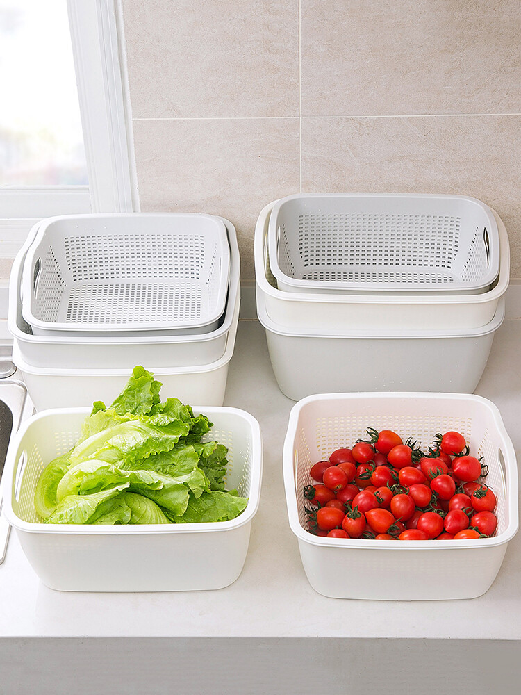 Homenhome Japanese-Style Extra Large Double-Layer Draining Basket Vegetable Washing Basin 2-Piece Set Living Room Fruit Plate Household Plastic Vegetable Basket
