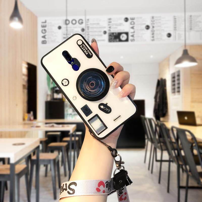 Hontinga Casing Ponsel untuk OPPO F11/A9/A9x. 3D Kotak Lensa Kamera Tali Gantungan Tali Berpengait Pemegang Halus Kaca Antigores Kembali Casing Kover (Lensa Pop Pemegang + Acak Tali)