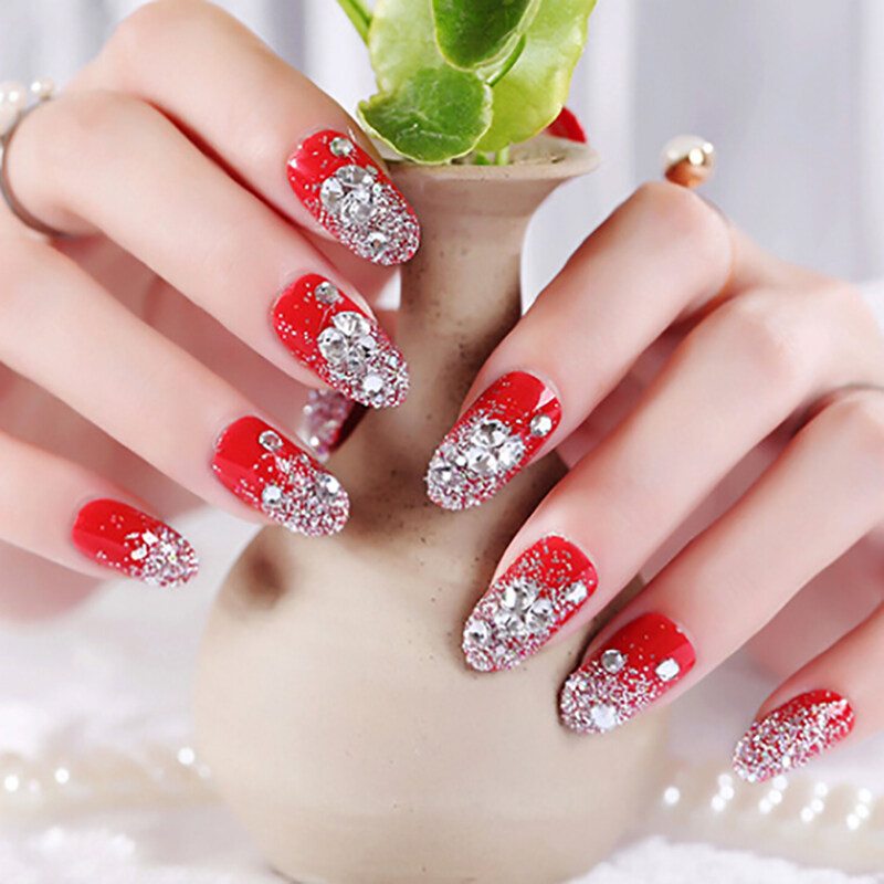 24Pcs Red Vòng Móng Tay Giả Acrylic UV Gel Đầy Đủ Pháp Móng Tay Giả Nghệ Thuật Mẹo Công Cụ
