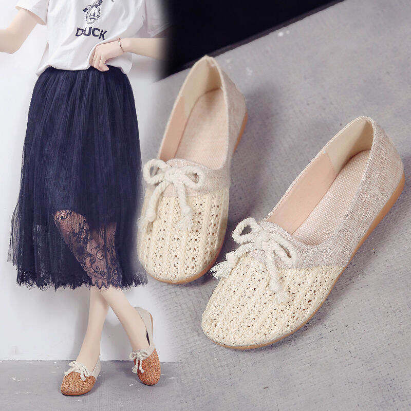 wtMei women Breathable Non-slip Shoes Old Beijing Cloth Shoes Korean Style Linen All-match Flat Mesh Shoes ราคา 317 บาท*ส่งฟรี
