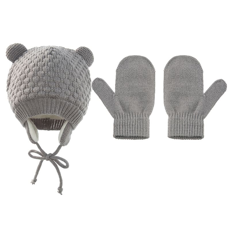 3Pcs/Set Autumn Winter Warm Baby Hat Gloves Solid Color Thick Kid Girl Boy Mitten Ear Protection Infant Toddler Knitted Beanies
