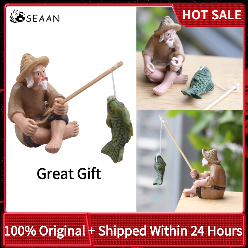 Fishing Old Man Resin Figure Statue Sitting Garden Ornament Outdoor Garden Pool Micro-Landscape Bonsai Garden Crafts