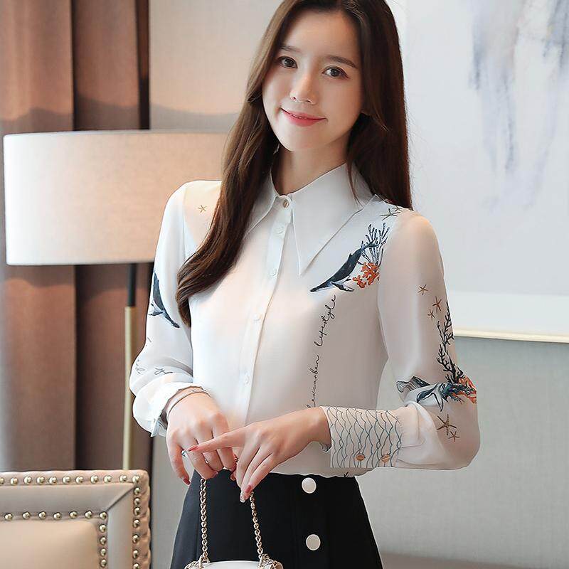 Ready Stock Korea Putih Longgar Kaos Wanita Lengan Panjang Chiffon Kasual OL Kantor Pakaian Harga Murah