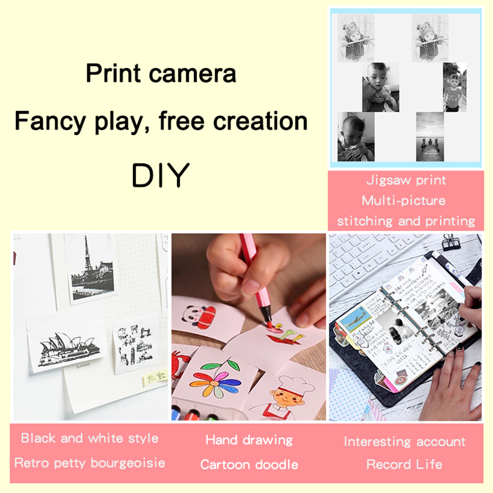 keykits- Mini Pocket Printer Camera Instant Print Portable Thermal Printing Machine Wireless BT Connection for Picture Label DIY Handcraft List Meno Notes Journal Receipt Paper Sticker Compatible with Android iOS