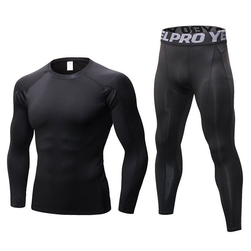 One Set Men's Running Tight Jogging T shirt+ Pants Training Gym Fitness Quick Drying Trousers Professional Sportswear Clothes Long Sleeves
