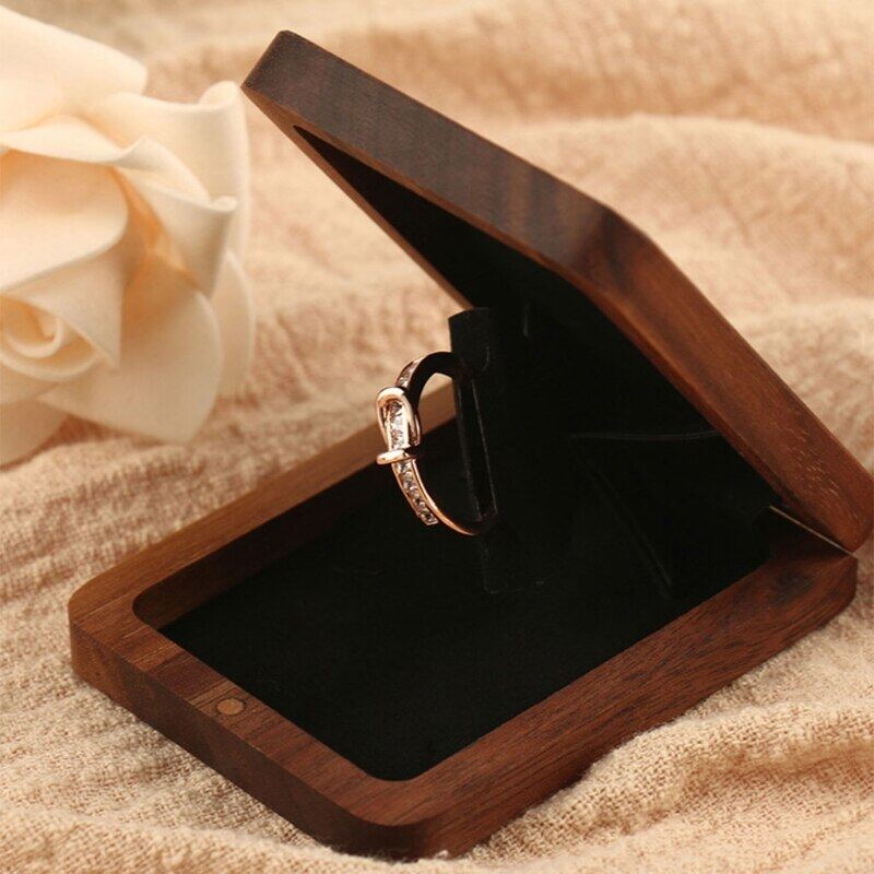 [NEW 2023] Engagement Flat Ring Box-Proposal Wooden Ring Box-Wedding Ring Box-Square Thin Engagement Revolving Box Jewelry Gift