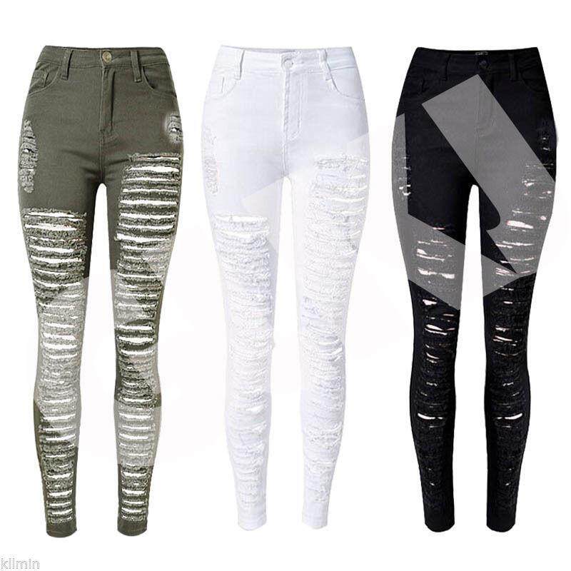 Women High Waisted Stretch Skinny Jeans Denim Ripped Jeans Slim Jeggings Trouser