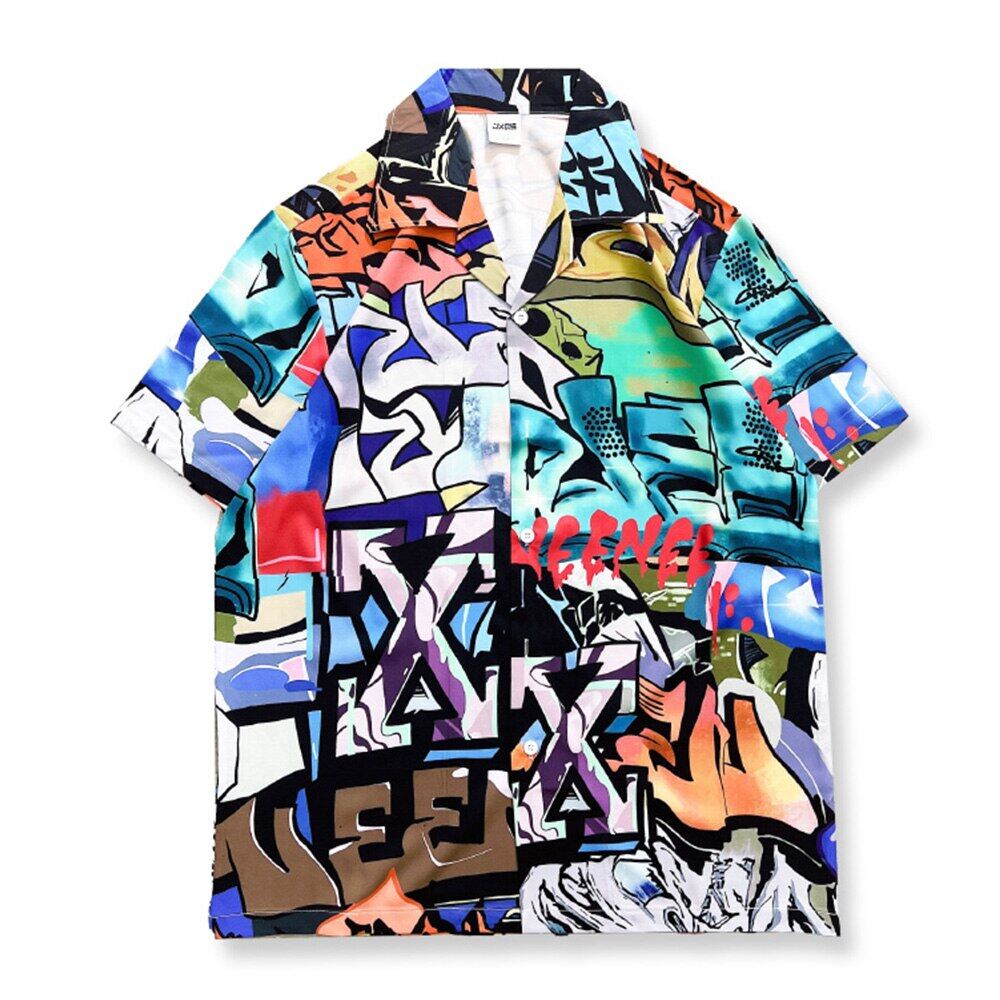 Graffiti Full Printed Button Down Men's Shirt Summer Street Shirts Men Male Top 2023 Summer