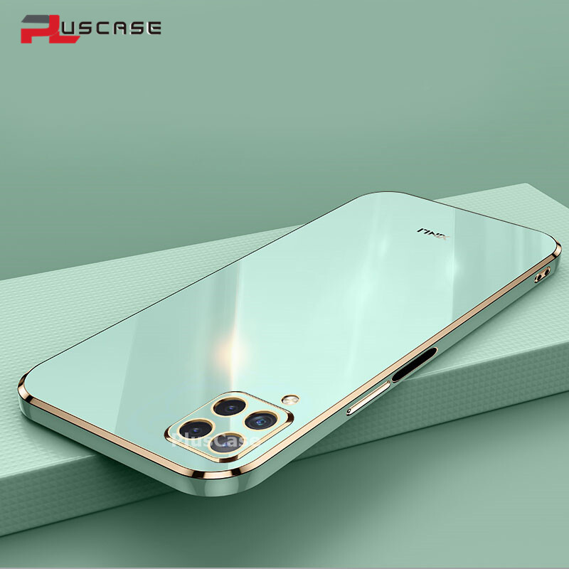 PlusCase for Samsung Galaxy A22 4G 6D Plating Soft Case Lens Protector Square Frame Silicone Glossy Shockproof Phone Back Cover