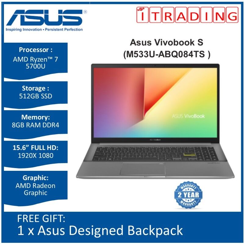 Asus Vivobook S M533U-ABQ084TS Laptop (Indie Black) | AMD Ryzen™ 7 5700U | 8GB DDR4 RAM | 512GB SSD | 2 YEARS Warranty Malaysia